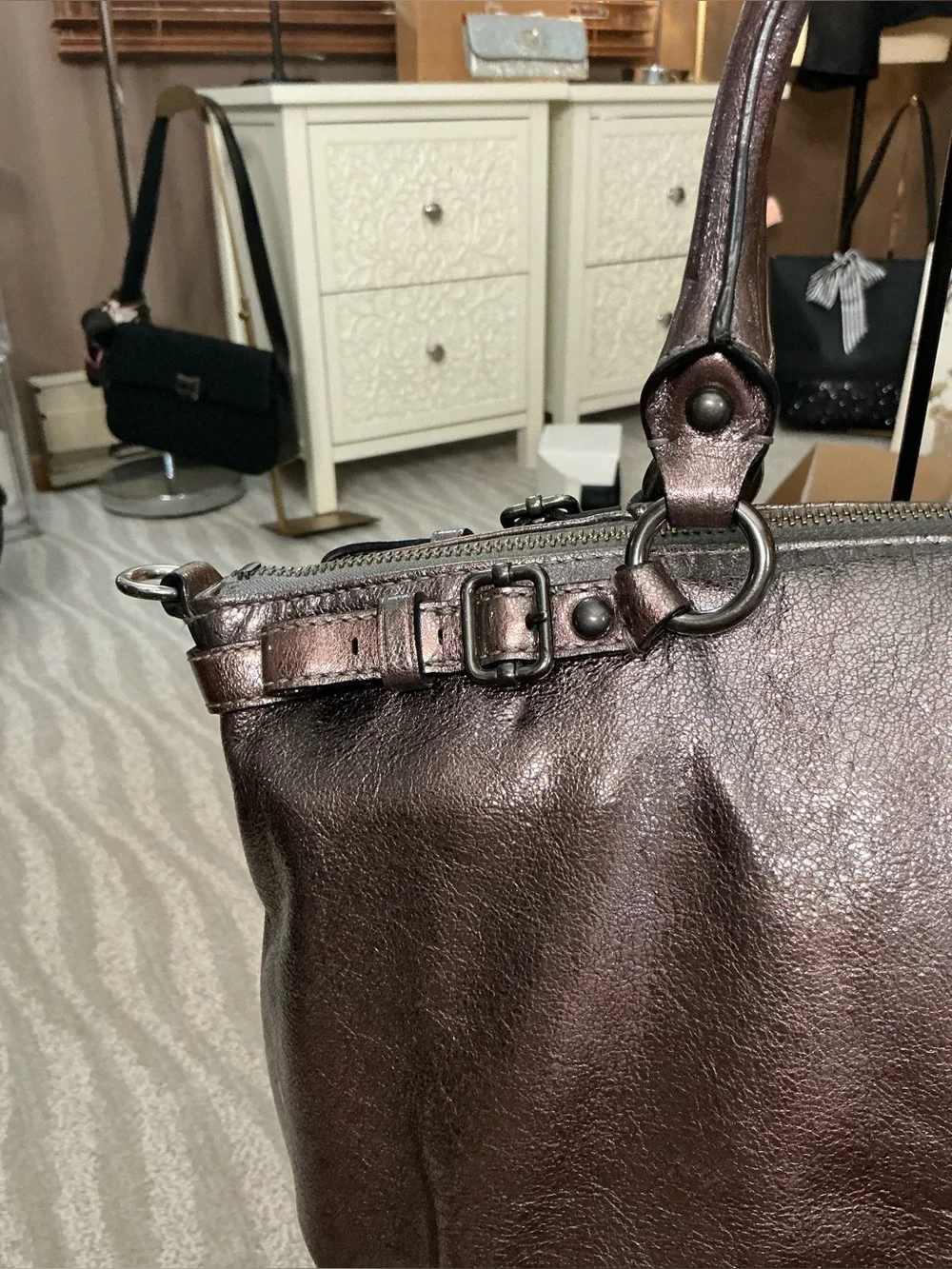 Coach Madison Metallic Bronze Leather Maggie Satchel Carryall Shoulder Bag